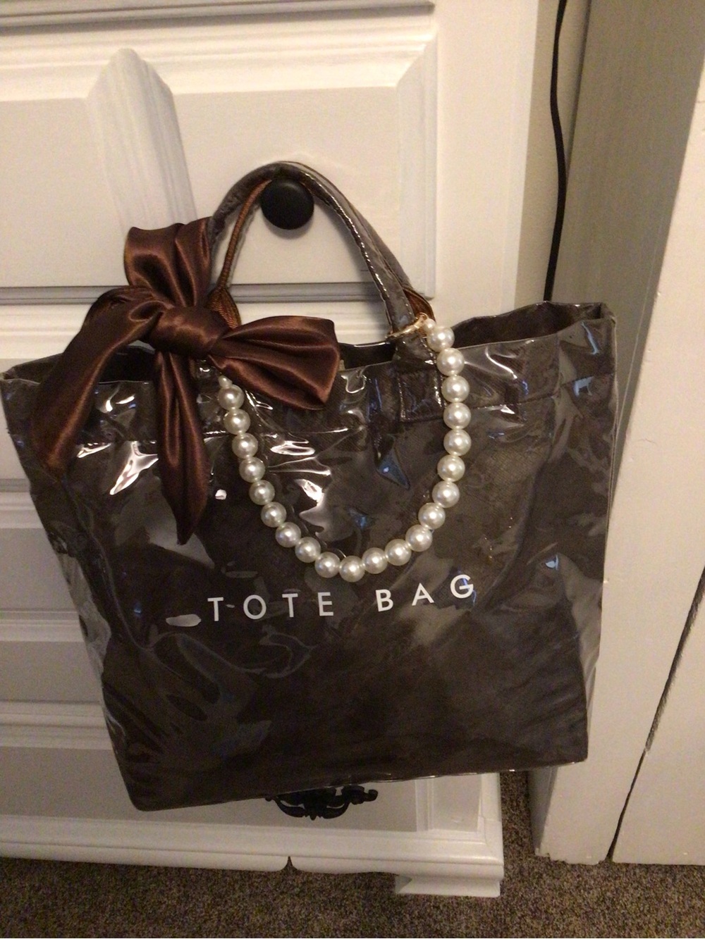 chocolate brown 
Tote Bag with brown bow and pearl accents